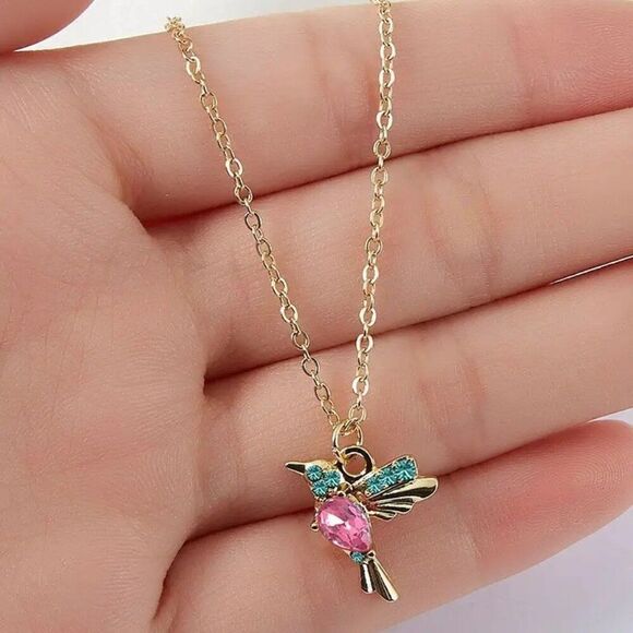 Elegant Golden-Tone Hummingbird Pendant Necklace w Blue/Pink Gemstones - Picture 2 of 3